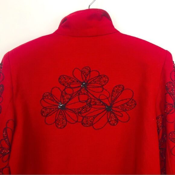 ANAGE Red Black Bead Embroidered Floral Design Holiday Statement Jacket NEW - Picture 8 of 16